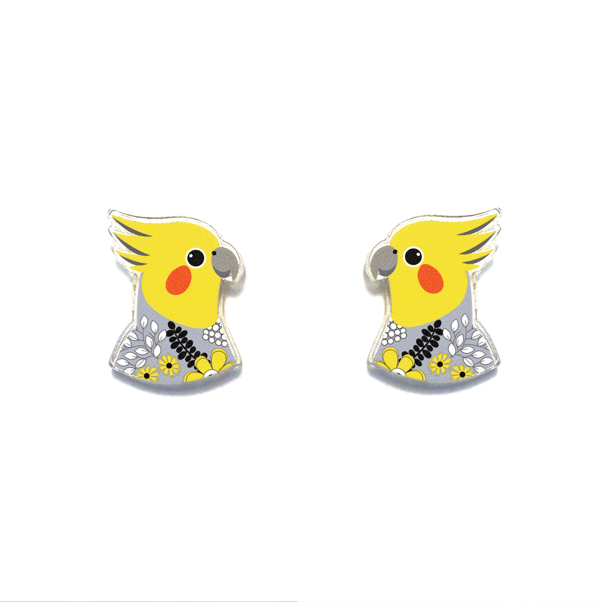 Cockatiel stud earrings handcrafted from recycled plastic at The Gem Centre on a white background.Centre