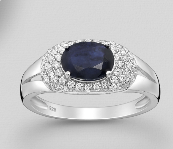 Oval LG Sapphire and Simulated Diamonds Sterling Silver Ring