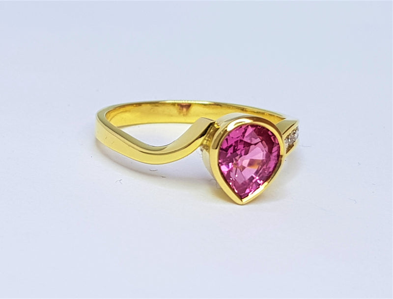 18ct Yellow Gold Pink Sapphire Pear and Diamond Ring