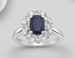 Sterling Silver CZ and LG Blue Sapphire Halo Ring