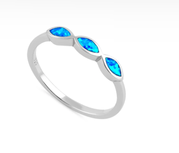 Oval Blue Created Opal Bezel Set 3 Stone Sterling Silver Ring