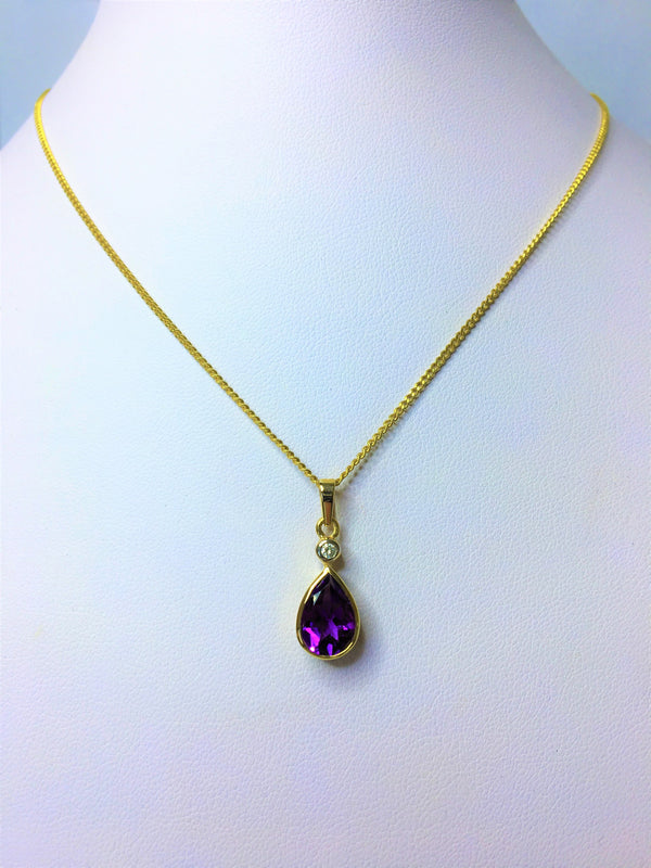 9ct Yellow Gold Pear Amethyst and Diamond Pendant