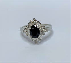 Oval Sapphire and CZ Set Petal Design Sterling Silver Ring