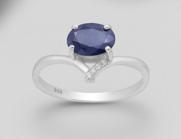 Sterling Silver Oval Sapphire Ring With CZ Embellished Band