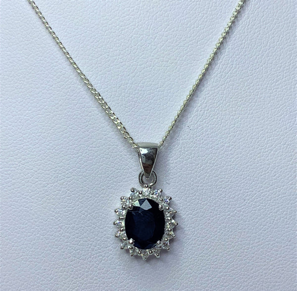 9x7mm Oval LG Sapphire and CZ Cluster Sterling Silver Pendant