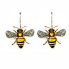 A pair of dangling bee earrings on a plain white background. Each earring features a yellow and black striped bee body with clear patterned wings and silver-toned hooks.