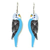 Bird-shaped earrings with blue, black, and white design on a white background