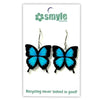 Blue butterfly earrings on a Smyle Designs card with recycling message.