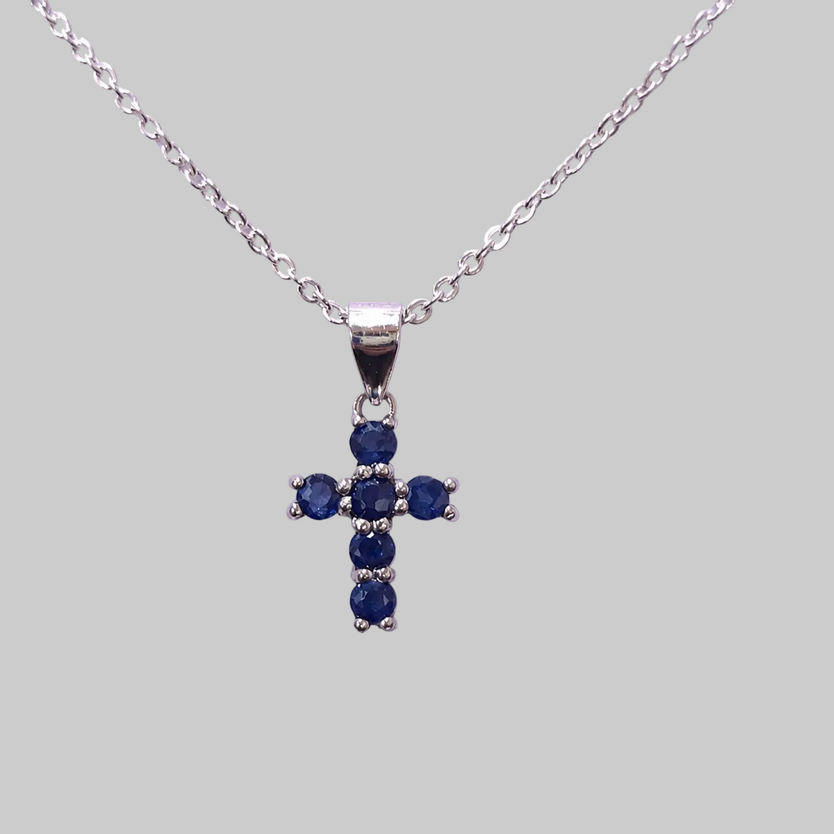 Brilliant Cut Sapphire Sterling Silver Cross Pendant