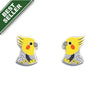 Two yellow parrot-shaped earrings with a 'Best Seller' label on a white background