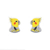 A pair of stud earrings shaped like yellow cockatiels with black and white patterned scarves, set in silver-tone metal on a plain white background.