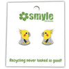Bird-shaped earrings on a Smyle Designs card with recycling message.