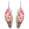 A pair of dangling earrings shaped like stylized birds, featuring pink heads, colorful floral patterns in orange, yellow, and green, gray bodies, and silver fishhook wires.