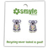 Earrings shaped like koalas on a Smyle Designs card with recycling message.