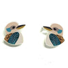 A pair of kookaboo bird stud earrings with detailed multicolor enamel inlay on a white background.