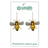 Bee-shaped earrings on a Smyle Designs card with recycling message.