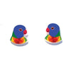 Colorful parrot-shaped earrings on a white background