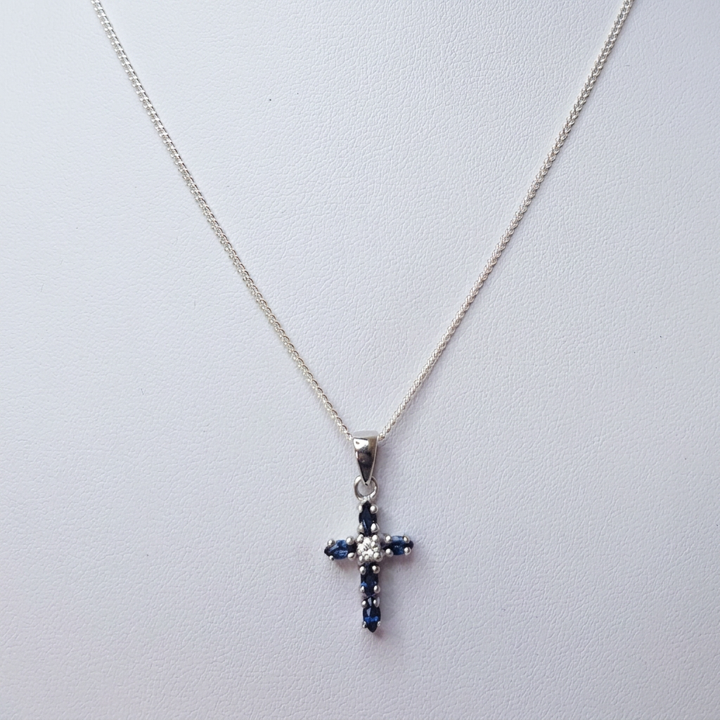 Sterling Silver Blue Sapphire Cross Necklace