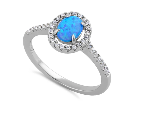 Blue Created Opal with Surround of Cubic Zirconia Sterling Silver Ring