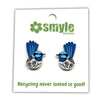 Bird-shaped earrings on a Smyle Designs card with recycling message