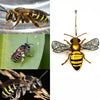 A bee-shaped brooch with yellow and black striped body, clear rhinestone wings, and a gold-toned pin back, shown alongside inset photos of real bees and a jewel beetle for inspiration.