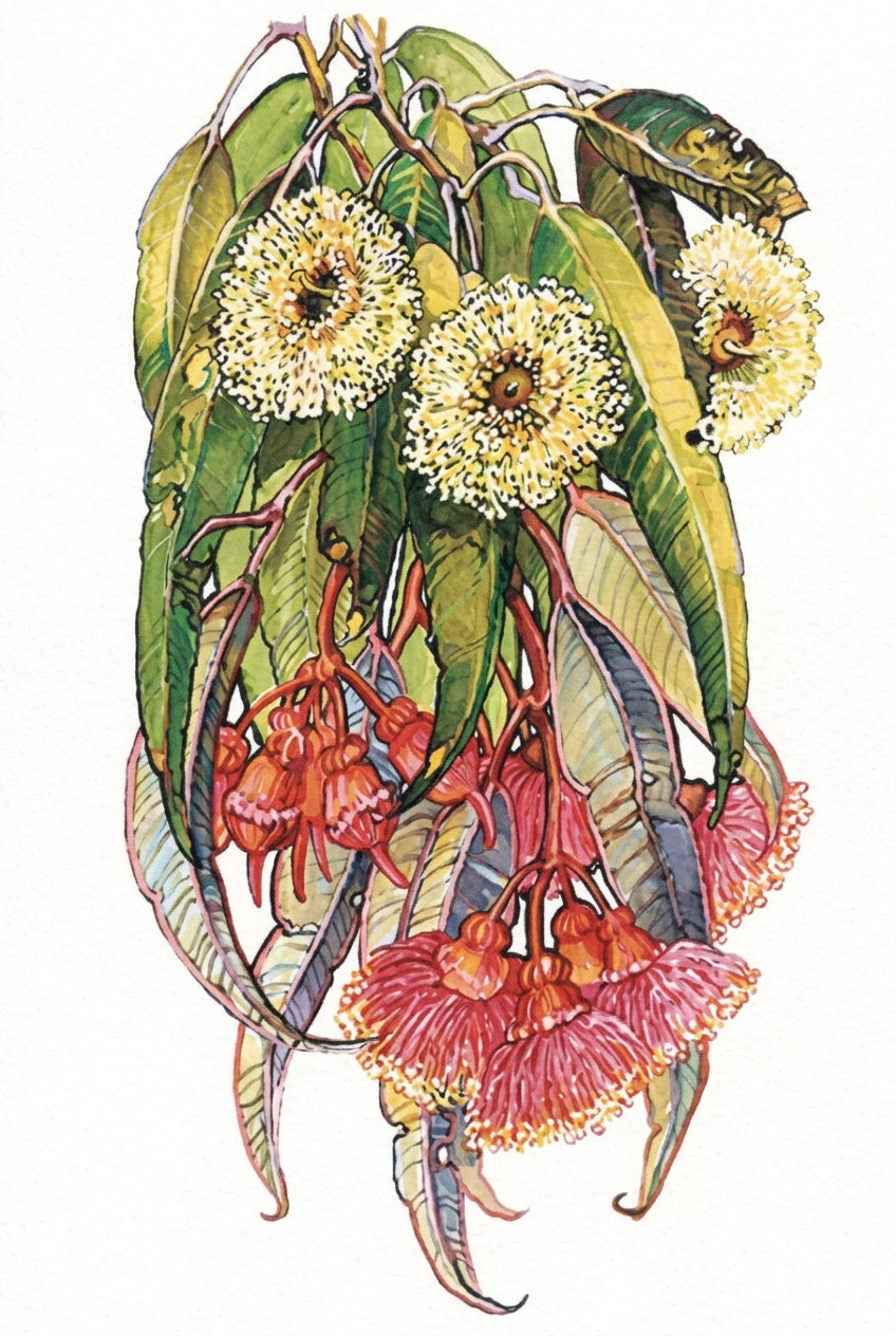 A botanical illustration of a flowering branch with green leaves, yellow blossoms, and bright pink-red hanging flowers on a plain white background.