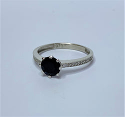 Round Sapphire and CZ Shoulder Sterling Silver Ring