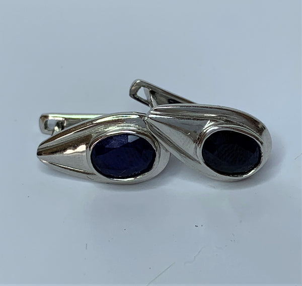 Oval LG Sapphire Drop Omega Lock Sterling Silver Earrings