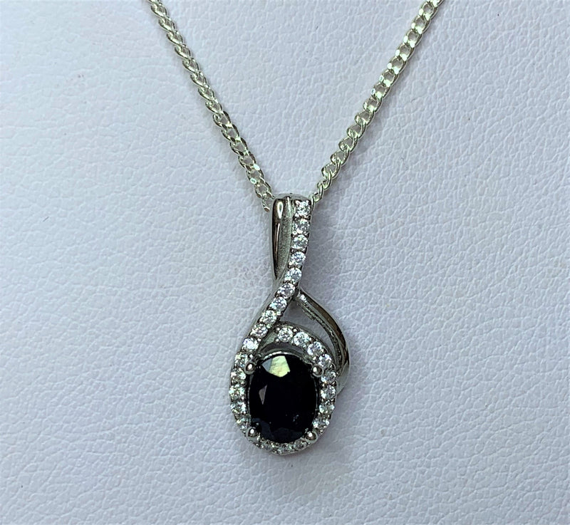 Oval Sapphire and CZ Swirl Drop Sterling Silver Pendant