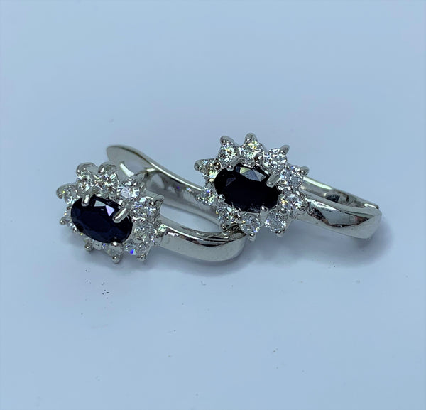 Oval LG Sapphire and Cubic Zirconia Claw Set Sterling Silver Omega Studs