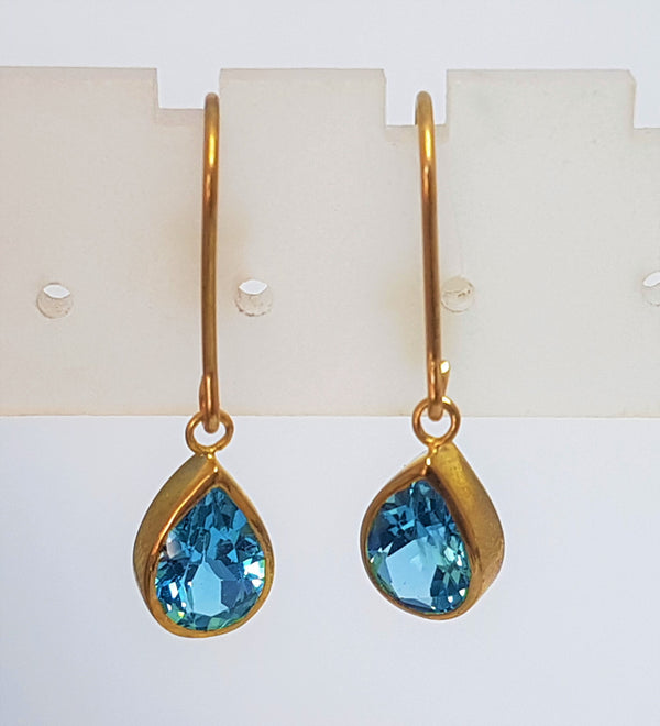 Blue Topaz Pear Bezel Set in 9ct Yellow Gold Hooks