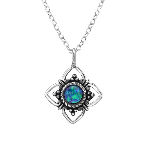 Peacock Cabochon Opal (Syn) Flower Sterling Silver Pendant and Sterling Silver Chain