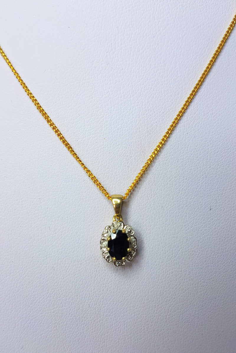 Oval Sapphire Diamond Set 9ct Yellow Gold Sapphire Pendant