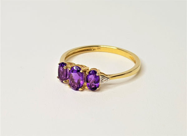 9ct Yellow Gold 3 x Oval Amethyst and Diamond Ring