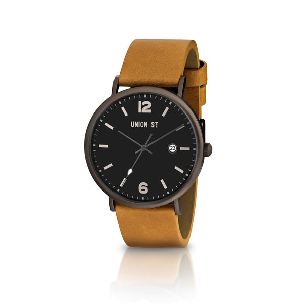 Union St Joshua Black Dial and Tan Strap Watch