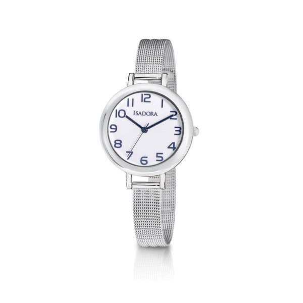 Palma by Isadora White and Blue Figure Dial and Silvertone Fine Mesh Bracelet Watch