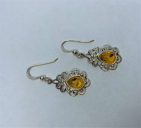 Amber Filigree Sterling Silver Shepherd Hook Earrings