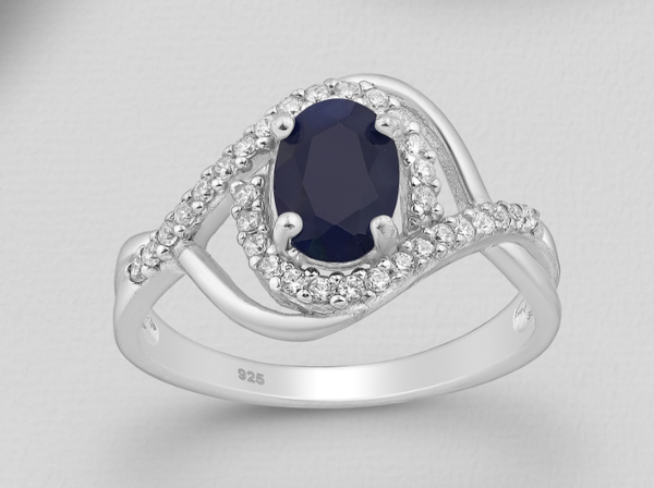 8x6 Oval Sapphire & CZ Sterling Silver Swirl Ring