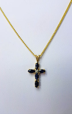 9ct Yellow Gold Marquise Cut Sapphire And Diamond Cross Pendant