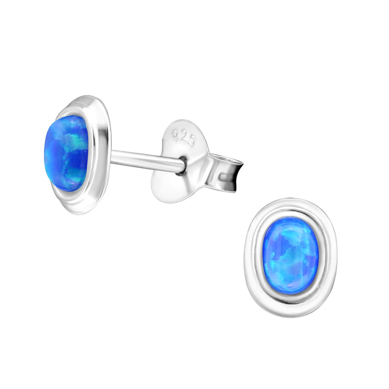 Pacific Blue Oval Opal (Syn) Sterling Silver Studs