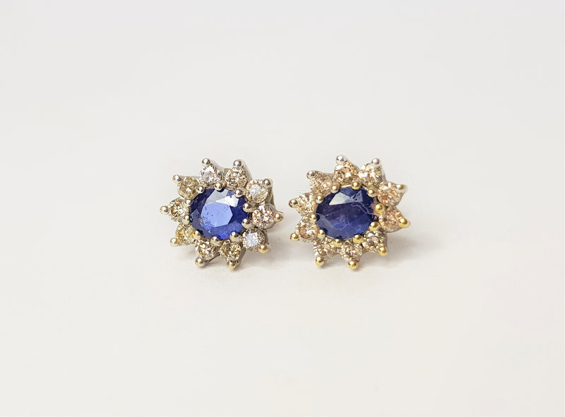 9ct Yellow Gold Oval Sapphire and Diamond Cluster Studs