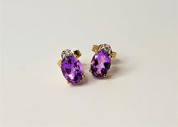 9ct Yellow Gold Oval Amethyst and Diamond Studs