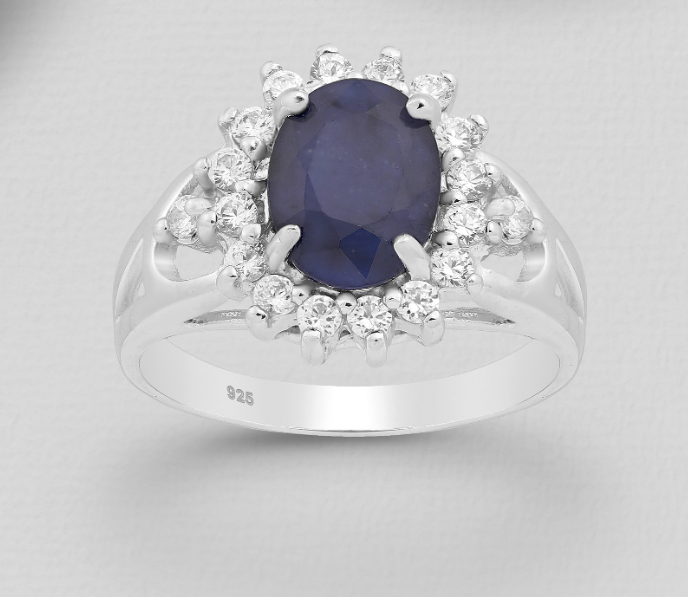 13.5mm Oval LG Sapphire Sterling Silver Ring With CZ Band