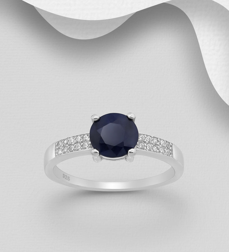 Sterling Silver 7mm Round LG Sapphire Ring Decorated with 2 Rows of CZ on Band