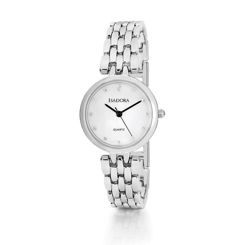 Alora by Isadora Mother of Pearl and Crystal Set Dial with Silvertone Bracelet Watch