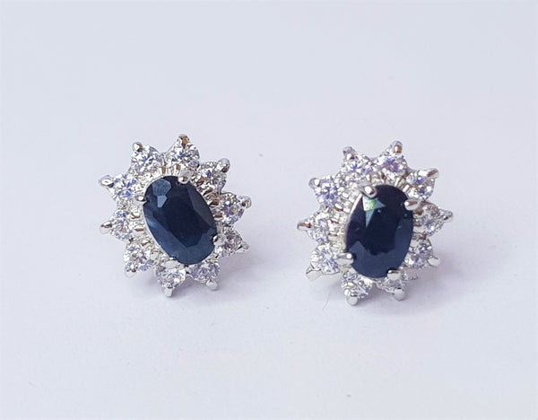 Sapphire and CZ Cluster Sterling Silver Studs