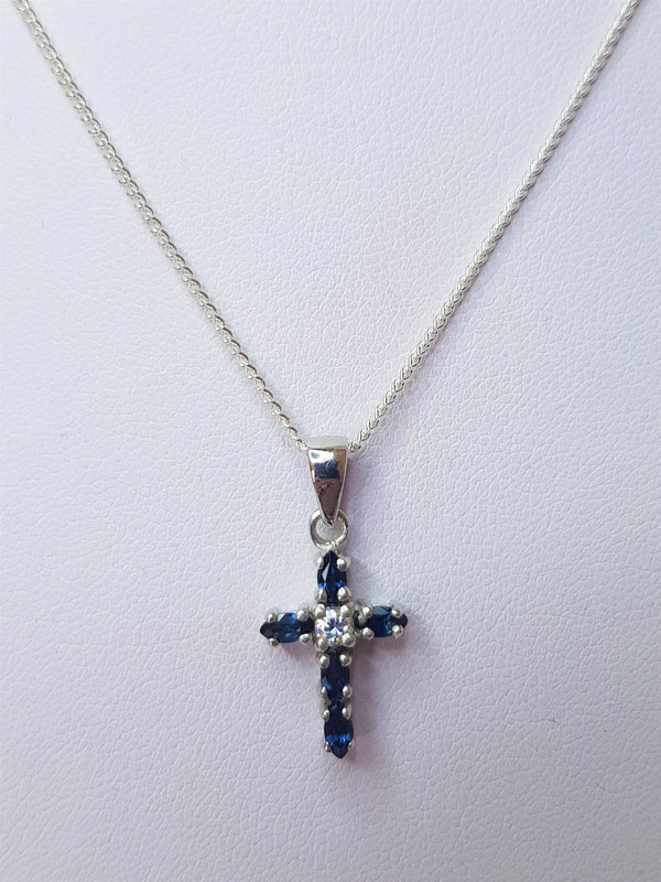 Marquise Sapphires And Cubic Zirconia Cross Sterling Silver Pendant