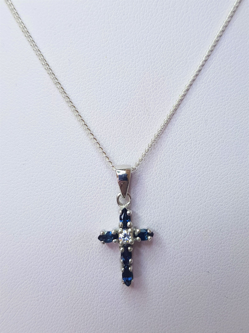 Marquise Sapphires And Cubic Zirconia Cross Sterling Silver Pendant
