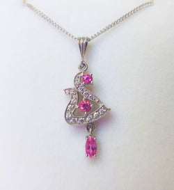 9ct White Gold Pink Sapphire and Diamond Drop Pendant