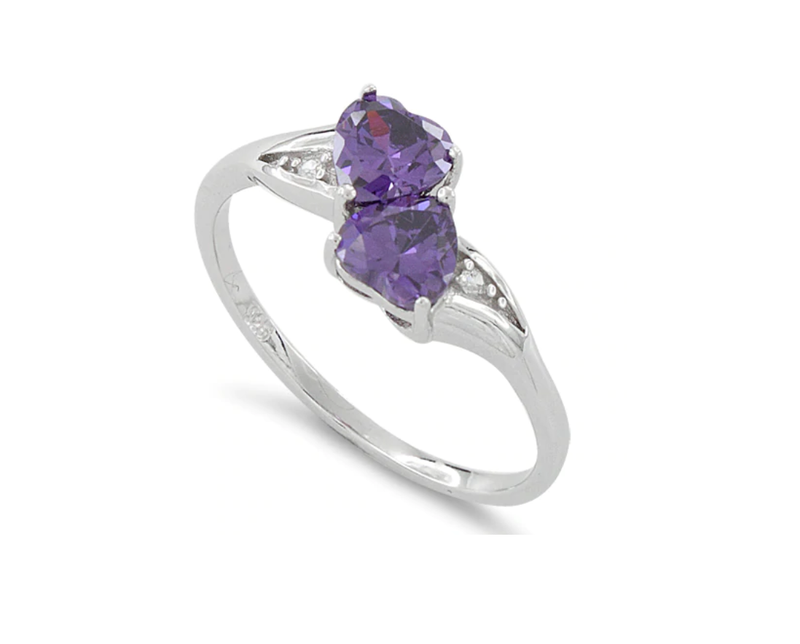 Double Heart Mauve CZ Sterling Silver Ring